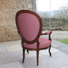 Load image into Gallery viewer, beautifully-upholstered-spoon-back-open-armchair-carved-rosewood-frame-cabriole-legs-terminating-brass-porcelain-castors-upholstery-excellent-colour-fabric-contrasting-wonderfully-double-welt-piping-as-new-condition-damon-blandford-antiques-chair-seating-antique-ninteenth-19th-century-gloucestershire-cotswolds-stroud-antique-dealer-for-sale-interior-design-decorative-country-house-furniture