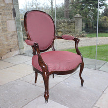 Load image into Gallery viewer, beautifully-upholstered-spoon-back-open-armchair-carved-rosewood-frame-cabriole-legs-terminating-brass-porcelain-castors-upholstery-excellent-colour-fabric-contrasting-wonderfully-double-welt-piping-as-new-condition-damon-blandford-antiques-chair-seating-antique-ninteenth-19th-century-gloucestershire-cotswolds-stroud-antique-dealer-for-sale-interior-design-decorative-country-house-furniture