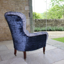 Load image into Gallery viewer, victorian-deep-button-back-upholstered-armchair-beautiful-shape-turned-legs-front-square-legs-rear-original-brass-castors-chair-professionally-re-upholstered-stunning-ludhiana-wool-fabric-intricate-decoration-inspiration-traditional-indian-patterns-swirling-floral-design-blue-cream-colourway-stylish-chair-elegant-design-english-late-victorian-damon-blandford-antiques-for-sale-the-malthouse-collective-stroud-gloucestershire-cotswolds-for-sale-antique-seating