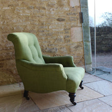 Load image into Gallery viewer, chair-beautifully-shaped-small-scroll-back-armchair-professionally-re-upholstered-olive-green-fabric-comfortable-chair-shaped-backrest-sprung-seat-raised-ebonised-legs-front-turned-carved-parcel-gilt-aesthetic-movement-taste-legs-original-castors-excellent-condition-bedroom-victorian-late-19th-damon-blandford-antiques-stroud-gloucestershire-for-sale-furniture-stroud-cotswolds