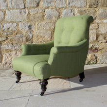Load image into Gallery viewer, chair-beautifully-shaped-small-scroll-back-armchair-professionally-re-upholstered-olive-green-fabric-comfortable-chair-shaped-backrest-sprung-seat-raised-ebonised-legs-front-turned-carved-parcel-gilt-aesthetic-movement-taste-legs-original-castors-excellent-condition-bedroom-victorian-late-19th-damon-blandford-antiques-stroud-gloucestershire-for-sale-furniture-stroud-cotswolds