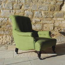 Load image into Gallery viewer, chair-beautifully-shaped-small-scroll-back-armchair-professionally-re-upholstered-olive-green-fabric-comfortable-chair-shaped-backrest-sprung-seat-raised-ebonised-legs-front-turned-carved-parcel-gilt-aesthetic-movement-taste-legs-original-castors-excellent-condition-bedroom-victorian-late-19th-damon-blandford-antiques-stroud-gloucestershire-for-sale-furniture-stroud-cotswolds