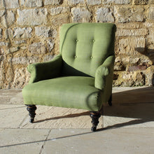 Load image into Gallery viewer, chair-beautifully-shaped-small-scroll-back-armchair-professionally-re-upholstered-olive-green-fabric-comfortable-chair-shaped-backrest-sprung-seat-raised-ebonised-legs-front-turned-carved-parcel-gilt-aesthetic-movement-taste-legs-original-castors-excellent-condition-bedroom-victorian-late-19th-damon-blandford-antiques-stroud-gloucestershire-for-sale-furniture-stroud-cotswolds-button-back