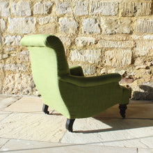 Load image into Gallery viewer, chair-beautifully-shaped-small-scroll-back-armchair-professionally-re-upholstered-olive-green-fabric-comfortable-chair-shaped-backrest-sprung-seat-raised-ebonised-legs-front-turned-carved-parcel-gilt-aesthetic-movement-taste-legs-original-castors-excellent-condition-bedroom-victorian-late-19th-damon-blandford-antiques-stroud-gloucestershire-for-sale-furniture-stroud-cotswolds