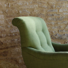 Load image into Gallery viewer, chair-beautifully-shaped-small-scroll-back-armchair-professionally-re-upholstered-olive-green-fabric-comfortable-chair-shaped-backrest-sprung-seat-raised-ebonised-legs-front-turned-carved-parcel-gilt-aesthetic-movement-taste-legs-original-castors-excellent-condition-bedroom-victorian-late-19th-damon-blandford-antiques-stroud-gloucestershire-for-sale-furniture-stroud-cotswolds-button-back