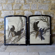 Load image into Gallery viewer, stunning-pair-early-20th-century-japanese-silk-embroidery-works-depicting-young-ravens-incredibly-detailed-silk-work-export-piece-during-late-exposition-period-huge-intrigue-fascination-demand-Japanese-art-silks-depict-young-ravens-branches-tree-leaf-embroidery-contrast-original-ebonised-frames-feature-applied-mother-pearl-leaves-damon-blandford-antiques-wall-art-for-sale-stroud-gloucestershire-cotswolds-country-house