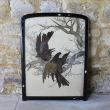 Load image into Gallery viewer, stunning-pair-early-20th-century-japanese-silk-embroidery-works-depicting-young-ravens-incredibly-detailed-silk-work-export-piece-during-late-exposition-period-huge-intrigue-fascination-demand-Japanese-art-silks-depict-young-ravens-branches-tree-leaf-embroidery-contrast-original-ebonised-frames-feature-applied-mother-pearl-leaves-damon-blandford-antiques-wall-art-for-sale-stroud-gloucestershire-cotswolds-country-house