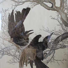 Load image into Gallery viewer, stunning-pair-early-20th-century-japanese-silk-embroidery-works-depicting-young-ravens-incredibly-detailed-silk-work-export-piece-during-late-exposition-period-huge-intrigue-fascination-demand-Japanese-art-silks-depict-young-ravens-branches-tree-leaf-embroidery-contrast-original-ebonised-frames-feature-applied-mother-pearl-leaves-damon-blandford-antiques-wall-art-for-sale-stroud-gloucestershire-cotswolds-country-house