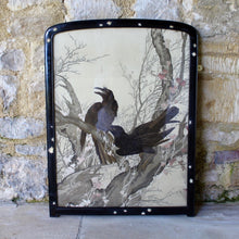 Load image into Gallery viewer, stunning-pair-early-20th-century-japanese-silk-embroidery-works-depicting-young-ravens-incredibly-detailed-silk-work-export-piece-during-late-exposition-period-huge-intrigue-fascination-demand-Japanese-art-silks-depict-young-ravens-branches-tree-leaf-embroidery-contrast-original-ebonised-frames-feature-applied-mother-pearl-leaves-damon-blandford-antiques-wall-art-for-sale-stroud-gloucestershire-cotswolds-country-house