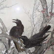Load image into Gallery viewer, stunning-pair-early-20th-century-japanese-silk-embroidery-works-depicting-young-ravens-incredibly-detailed-silk-work-export-piece-during-late-exposition-period-huge-intrigue-fascination-demand-Japanese-art-silks-depict-young-ravens-branches-tree-leaf-embroidery-contrast-original-ebonised-frames-feature-applied-mother-pearl-leaves-damon-blandford-antiques-wall-art-for-sale-stroud-gloucestershire-cotswolds-country-house