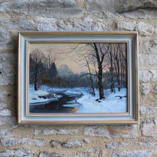 Load image into Gallery viewer, painting-oil-board-artist-w-m-snelling-bearing-titled-winter-river-name -verso-atmospheric-painting-depicts-small-river-meandering-winter-wooded-woodland-snow-reflecting-late-evening-sun-droplets-water-overhanging-branches-breaking-surface-water-trees-silhouetted-stark-contrast-reflecting-setting-sun-painting-danish-artist-anders-anderson-lundby-new-bespoke-frame-master-frame-maker-gilder-finished-gesso-paint-gilding-damon-blandford-antiques-stroud-gloucestershire-wall-art-for-sale
