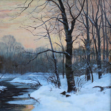 Load image into Gallery viewer, painting-oil-board-artist-w-m-snelling-bearing-titled-winter-river-name -verso-atmospheric-painting-depicts-small-river-meandering-winter-wooded-woodland-snow-reflecting-late-evening-sun-droplets-water-overhanging-branches-breaking-surface-water-trees-silhouetted-stark-contrast-reflecting-setting-sun-painting-danish-artist-anders-anderson-lundby-new-bespoke-frame-master-frame-maker-gilder-finished-gesso-paint-gilding-damon-blandford-antiques-stroud-gloucestershire-wall-art-for-sale