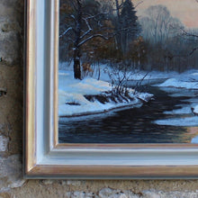 Load image into Gallery viewer, painting-oil-board-artist-w-m-snelling-bearing-titled-winter-river-name -verso-atmospheric-painting-depicts-small-river-meandering-winter-wooded-woodland-snow-reflecting-late-evening-sun-droplets-water-overhanging-branches-breaking-surface-water-trees-silhouetted-stark-contrast-reflecting-setting-sun-painting-danish-artist-anders-anderson-lundby-new-bespoke-frame-master-frame-maker-gilder-finished-gesso-paint-gilding-damon-blandford-antiques-stroud-gloucestershire-wall-art-for-sale