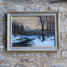 Load image into Gallery viewer, painting-oil-board-artist-w-m-snelling-bearing-titled-winter-river-name -verso-atmospheric-painting-depicts-small-river-meandering-winter-wooded-woodland-snow-reflecting-late-evening-sun-droplets-water-overhanging-branches-breaking-surface-water-trees-silhouetted-stark-contrast-reflecting-setting-sun-painting-danish-artist-anders-anderson-lundby-new-bespoke-frame-master-frame-maker-gilder-finished-gesso-paint-gilding-damon-blandford-antiques-stroud-gloucestershire-wall-art-for-sale