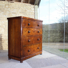 Load image into Gallery viewer, beautifully-figured-burr-walnut-chest-two-short-over-three-long-graduated-drawers-original-turned-walnut-drawer-pulls-very-well-proportioned-straight-fronted-chest-raised-plinth-base-bun-feet-retaining-original-locks-book matched-veneers-particularly-good-very-functional-highly-decorative-storage-furniture-damon-blandford-antiques-stroud-gloucestershire-cotswolds-interior-country-house-quality-for-sale