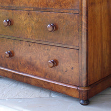 Load image into Gallery viewer, beautifully-figured-burr-walnut-chest-two-short-over-three-long-graduated-drawers-original-turned-walnut-drawer-pulls-very-well-proportioned-straight-fronted-chest-raised-plinth-base-bun-feet-retaining-original-locks-book matched-veneers-particularly-good-very-functional-highly-decorative-storage-furniture-damon-blandford-antiques-stroud-gloucestershire-cotswolds-interior-country-house-quality-for-sale