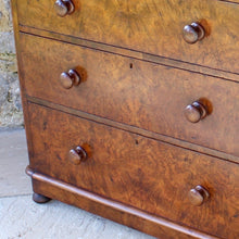 Load image into Gallery viewer, beautifully-figured-burr-walnut-chest-two-short-over-three-long-graduated-drawers-original-turned-walnut-drawer-pulls-very-well-proportioned-straight-fronted-chest-raised-plinth-base-bun-feet-retaining-original-locks-book matched-veneers-particularly-good-very-functional-highly-decorative-storage-furniture-damon-blandford-antiques-stroud-gloucestershire-cotswolds-interior-country-house-quality-for-sale