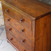 Load image into Gallery viewer, beautifully-figured-burr-walnut-chest-two-short-over-three-long-graduated-drawers-original-turned-walnut-drawer-pulls-very-well-proportioned-straight-fronted-chest-raised-plinth-base-bun-feet-retaining-original-locks-book matched-veneers-particularly-good-very-functional-highly-decorative-storage-furniture-damon-blandford-antiques-stroud-gloucestershire-cotswolds-interior-country-house-quality-for-sale