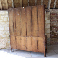 Load image into Gallery viewer, welsh-dresser-and-&-rack-fabulous-original-sun-bleached-colour-rack-moulded-cornice-above-frieze-blacksmith-forged-iron-cup-hooks-over-three-shelves-base-three-drawers-equal-length-original-turned-wooden-drawer-pulls-inlaid-mother-pearl-decoration-ring-turned-supports-carved-spandrels-pot-board-raised-bracket-feet-dresser-originates-mid-wales-newtown-powys-circa-1810-incredibly-attractive-damon-blandford-antiques-for-sale-stroud-gloucestershire