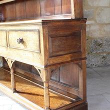 Load image into Gallery viewer, welsh-dresser-and-&-rack-fabulous-original-sun-bleached-colour-rack-moulded-cornice-above-frieze-blacksmith-forged-iron-cup-hooks-over-three-shelves-base-three-drawers-equal-length-original-turned-wooden-drawer-pulls-inlaid-mother-pearl-decoration-ring-turned-supports-carved-spandrels-pot-board-raised-bracket-feet-dresser-originates-mid-wales-newtown-powys-circa-1810-incredibly-attractive-damon-blandford-antiques-for-sale-stroud-gloucestershire