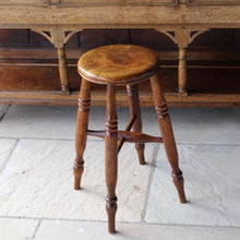 Load image into Gallery viewer, stunning-sycamore-mill-workers-stool-wonderful-time-work-patina-circular-dished-seat-tall-taller-than-average-stool-seat-raised-four-turned-legs-united-X-shape-stretcher-excellent-condition-most-probably-cotton-makers-stool-boston-lincolnshire-damon-blandford-antiques-gloucestershire-for-sale-seating-country-house