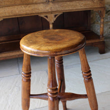 Load image into Gallery viewer, stunning-sycamore-mill-workers-stool-wonderful-time-work-patina-circular-dished-seat-tall-taller-than-average-stool-seat-raised-four-turned-legs-united-X-shape-stretcher-excellent-condition-most-probably-cotton-makers-stool-boston-lincolnshire-damon-blandford-antiques-gloucestershire-for-sale-seating-country-house