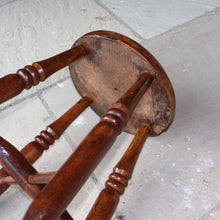 Load image into Gallery viewer, stunning-sycamore-mill-workers-stool-wonderful-time-work-patina-circular-dished-seat-tall-taller-than-average-stool-seat-raised-four-turned-legs-united-X-shape-stretcher-excellent-condition-most-probably-cotton-makers-stool-boston-lincolnshire-damon-blandford-antiques-gloucestershire-for-sale-seating-country-house