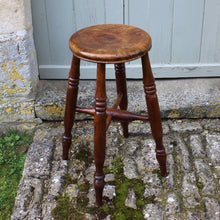 Load image into Gallery viewer, stunning-sycamore-mill-workers-stool-wonderful-time-work-patina-circular-dished-seat-tall-taller-than-average-stool-seat-raised-four-turned-legs-united-X-shape-stretcher-excellent-condition-most-probably-cotton-makers-stool-boston-lincolnshire-damon-blandford-antiques-gloucestershire-for-sale-seating-country-house