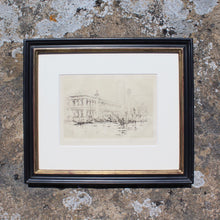 Load image into Gallery viewer, fine-detailed-C18th-engraving-Doge's-palace-venice-grand-canal-engraving-featuring-two columns-San-Marco-San-Todaro-surmounted-city's-patrons-winged-lion-symbol-St-Mark-numerous-gondolas-engraving-signed-bottom-right and mounted-bespoke-frame-ebonised-parcel-gilt-finish-anti-reflection glass-damon-blandford-antiques-for-sale-stroud-gloucestershire-cotswolds-wall-art