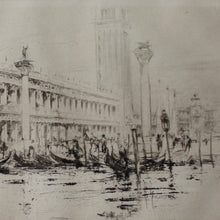 Load image into Gallery viewer, fine-detailed-C18th-engraving-Doge's-palace-venice-grand-canal-engraving-featuring-two columns-San-Marco-San-Todaro-surmounted-city's-patrons-winged-lion-symbol-St-Mark-numerous-gondolas-engraving-signed-bottom-right and mounted-bespoke-frame-ebonised-parcel-gilt-finish-anti-reflection glass-damon-blandford-antiques-for-sale-stroud-gloucestershire-cotswolds-wall-art