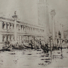 Load image into Gallery viewer, fine-detailed-C18th-engraving-Doge's-palace-venice-grand-canal-engraving-featuring-two columns-San-Marco-San-Todaro-surmounted-city's-patrons-winged-lion-symbol-St-Mark-numerous-gondolas-engraving-signed-bottom-right and mounted-bespoke-frame-ebonised-parcel-gilt-finish-anti-reflection glass-damon-blandford-antiques-for-sale-stroud-gloucestershire-cotswolds-wall-art