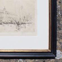 Load image into Gallery viewer, fine-detailed-C18th-engraving-Doge's-palace-venice-grand-canal-engraving-featuring-two columns-San-Marco-San-Todaro-surmounted-city's-patrons-winged-lion-symbol-St-Mark-numerous-gondolas-engraving-signed-bottom-right and mounted-bespoke-frame-ebonised-parcel-gilt-finish-anti-reflection glass-damon-blandford-antiques-for-sale-stroud-gloucestershire-cotswolds-wall-art