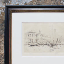 Load image into Gallery viewer, fine-detailed-C18th-engraving-Doge's-palace-venice-grand-canal-engraving-featuring-two columns-San-Marco-San-Todaro-surmounted-city's-patrons-winged-lion-symbol-St-Mark-numerous-gondolas-engraving-signed-bottom-right and mounted-bespoke-frame-ebonised-parcel-gilt-finish-anti-reflection glass-damon-blandford-antiques-for-sale-stroud-gloucestershire-cotswolds-wall-art