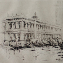 Load image into Gallery viewer, fine-detailed-C18th-engraving-Doge's-palace-venice-grand-canal-engraving-featuring-two columns-San-Marco-San-Todaro-surmounted-city's-patrons-winged-lion-symbol-St-Mark-numerous-gondolas-engraving-signed-bottom-right and mounted-bespoke-frame-ebonised-parcel-gilt-finish-anti-reflection glass-damon-blandford-antiques-for-sale-stroud-gloucestershire-cotswolds-wall-art