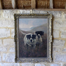 Load image into Gallery viewer, atmospheric-C20th-oil-on-canvas-painting-by-Susan-Gibson-two-black-white-pointer-dogs-heather-covered-hillside-dog-on-point-hill-expanse-water-middle-ground-hills-shrouded-mist-background-stark-contrast-muted-colours-landscape-purple-tones-flowering-heather-foregroud-adding-warmth-painting-dogs-looking-intently-at-ground-viewer-grouse-quarry-sitting-tight-piece-wall-art-vintage-damon-blandford-antiques-stroud-gloucestershire-malthouse-collective-for-sale-art
