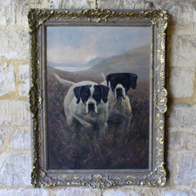 Load image into Gallery viewer, atmospheric-C20th-oil-on-canvas-painting-by-Susan-Gibson-two-black-white-pointer-dogs-heather-covered-hillside-dog-on-point-hill-expanse-water-middle-ground-hills-shrouded-mist-background-stark-contrast-muted-colours-landscape-purple-tones-flowering-heather-foregroud-adding-warmth-painting-dogs-looking-intently-at-ground-viewer-grouse-quarry-sitting-tight-piece-wall-art-vintage-damon-blandford-antiques-stroud-gloucestershire-malthouse-collective-for-sale-art