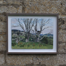 Load image into Gallery viewer, Acrylic-painting-view-over-painswick-painted-juniper-hill-properties-hillside-stamages-lane-st-mary's-church-horizon-middle-ground-village-framed-dead-elms-for-ground-distance-popes-wood-saltridge-woods-sheepscombe-moment-in-time-beautifully-captured-acrylic-watercolour-highly-accomplished-landscape-artist-allen-laycock-signed-dated-27th-july-1979-bottom-right-painted-in-situ-one-sitting-float-mounted-bespoke-ash-wash-feel-wall-art-for-sale-damon-blandford-antiques-stroud-gloucestershire-queen-cotswolds