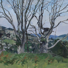 Load image into Gallery viewer, Acrylic-painting-view-over-painswick-painted-juniper-hill-properties-hillside-stamages-lane-st-mary's-church-horizon-middle-ground-village-framed-dead-elms-for-ground-distance-popes-wood-saltridge-woods-sheepscombe-moment-in-time-beautifully-captured-acrylic-watercolour-highly-accomplished-landscape-artist-allen-laycock-signed-dated-27th-july-1979-bottom-right-painted-in-situ-one-sitting-float-mounted-bespoke-ash-wash-feel-wall-art-for-sale-damon-blandford-antiques-stroud-gloucestershire-queen-cotswolds