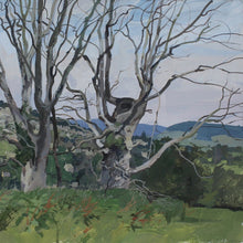 Load image into Gallery viewer, Acrylic-painting-view-over-painswick-painted-juniper-hill-properties-hillside-stamages-lane-st-mary's-church-horizon-middle-ground-village-framed-dead-elms-for-ground-distance-popes-wood-saltridge-woods-sheepscombe-moment-in-time-beautifully-captured-acrylic-watercolour-highly-accomplished-landscape-artist-allen-laycock-signed-dated-27th-july-1979-bottom-right-painted-in-situ-one-sitting-float-mounted-bespoke-ash-wash-feel-wall-art-for-sale-damon-blandford-antiques-stroud-gloucestershire-queen-cotswolds