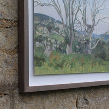 Load image into Gallery viewer, Acrylic-painting-view-over-painswick-painted-juniper-hill-properties-hillside-stamages-lane-st-mary's-church-horizon-middle-ground-village-framed-dead-elms-for-ground-distance-popes-wood-saltridge-woods-sheepscombe-moment-in-time-beautifully-captured-acrylic-watercolour-highly-accomplished-landscape-artist-allen-laycock-signed-dated-27th-july-1979-bottom-right-painted-in-situ-one-sitting-float-mounted-bespoke-ash-wash-feel-wall-art-for-sale-damon-blandford-antiques-stroud-gloucestershire-queen-cotswolds