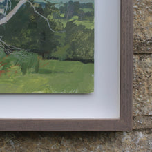 Load image into Gallery viewer, Acrylic-painting-view-over-painswick-painted-juniper-hill-properties-hillside-stamages-lane-st-mary's-church-horizon-middle-ground-village-framed-dead-elms-for-ground-distance-popes-wood-saltridge-woods-sheepscombe-moment-in-time-beautifully-captured-acrylic-watercolour-highly-accomplished-landscape-artist-allen-laycock-signed-dated-27th-july-1979-bottom-right-painted-in-situ-one-sitting-float-mounted-bespoke-ash-wash-feel-wall-art-for-sale-damon-blandford-antiques-stroud-gloucestershire-queen-cotswolds