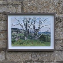 Load image into Gallery viewer, Acrylic-painting-view-over-painswick-painted-juniper-hill-properties-hillside-stamages-lane-st-mary's-church-horizon-middle-ground-village-framed-dead-elms-for-ground-distance-popes-wood-saltridge-woods-sheepscombe-moment-in-time-beautifully-captured-acrylic-watercolour-highly-accomplished-landscape-artist-allen-laycock-signed-dated-27th-july-1979-bottom-right-painted-in-situ-one-sitting-float-mounted-bespoke-ash-wash-feel-wall-art-for-sale-damon-blandford-antiques-stroud-gloucestershire-queen-cotswolds