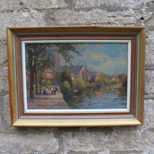 Load image into Gallery viewer, Very-well-painted-mid-century-oil-on-board-painting-river-severn-worcester-by-john-neale-painting-titled-by-the-river-worcester-captures-scene-looking-south-towards-worcester-cathedral-fore-ground-river-severn-way-footpath-eastern-bank-folk-walking-overhangin-trees-the-old-palace-worcester-cathedral-middle-ground beyond-river-winding-distance-rowing-boats-stylistically-painting-akin-french-impressionist-paintings-late-19th-early-20th-century's-excellent-colour-light-damon-blandford-antiques-for-sale