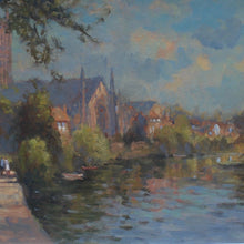 Load image into Gallery viewer, Very-well-painted-mid-century-oil-on-board-painting-river-severn-worcester-by-john-neale-painting-titled-by-the-river-worcester-captures-scene-looking-south-towards-worcester-cathedral-fore-ground-river-severn-way-footpath-eastern-bank-folk-walking-overhangin-trees-the-old-palace-worcester-cathedral-middle-ground beyond-river-winding-distance-rowing-boats-stylistically-painting-akin-french-impressionist-paintings-late-19th-early-20th-century's-excellent-colour-light-damon-blandford-antiques-for-sale