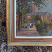 Load image into Gallery viewer, Very-well-painted-mid-century-oil-on-board-painting-river-severn-worcester-by-john-neale-painting-titled-by-the-river-worcester-captures-scene-looking-south-towards-worcester-cathedral-fore-ground-river-severn-way-footpath-eastern-bank-folk-walking-overhangin-trees-the-old-palace-worcester-cathedral-middle-ground beyond-river-winding-distance-rowing-boats-stylistically-painting-akin-french-impressionist-paintings-late-19th-early-20th-century's-excellent-colour-light-damon-blandford-antiques-for-sale