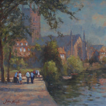 Load image into Gallery viewer, Very-well-painted-mid-century-oil-on-board-painting-river-severn-worcester-by-john-neale-painting-titled-by-the-river-worcester-captures-scene-looking-south-towards-worcester-cathedral-fore-ground-river-severn-way-footpath-eastern-bank-folk-walking-overhangin-trees-the-old-palace-worcester-cathedral-middle-ground beyond-river-winding-distance-rowing-boats-stylistically-painting-akin-french-impressionist-paintings-late-19th-early-20th-century's-excellent-colour-light-damon-blandford-antiques-for-sale