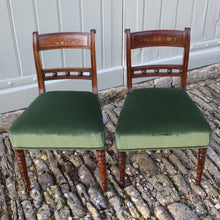 Load image into Gallery viewer, really-attractive-pair-late-georgian-chairs-retaining-original-painted-decoration-back-rest-square-swept-horizontal-cross-rails-ball-decoration-wider-top-rail-upholstered-seat-raised-turned-front-legs-square-swept-legs-rear-hand-painted-decoration-seat-pad-rebuilt-newly-re-upholstered-stive chairage-green-velvet-good-solid-condition-wonderful-english-circa-1800-damon-blandford-antiques-for-sale-seating-stroud-gloucestershire