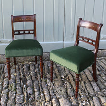 Load image into Gallery viewer, really-attractive-pair-late-georgian-chairs-retaining-original-painted-decoration-back-rest-square-swept-horizontal-cross-rails-ball-decoration-wider-top-rail-upholstered-seat-raised-turned-front-legs-square-swept-legs-rear-hand-painted-decoration-seat-pad-rebuilt-newly-re-upholstered-stive chairage-green-velvet-good-solid-condition-wonderful-english-circa-1800-damon-blandford-antiques-for-sale-seating-stroud-gloucestershire