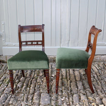 Load image into Gallery viewer, really-attractive-pair-late-georgian-chairs-retaining-original-painted-decoration-back-rest-square-swept-horizontal-cross-rails-ball-decoration-wider-top-rail-upholstered-seat-raised-turned-front-legs-square-swept-legs-rear-hand-painted-decoration-seat-pad-rebuilt-newly-re-upholstered-stive chairage-green-velvet-good-solid-condition-wonderful-english-circa-1800-damon-blandford-antiques-for-sale-seating-stroud-gloucestershire