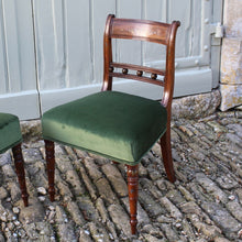 Load image into Gallery viewer, really-attractive-pair-late-georgian-chairs-retaining-original-painted-decoration-back-rest-square-swept-horizontal-cross-rails-ball-decoration-wider-top-rail-upholstered-seat-raised-turned-front-legs-square-swept-legs-rear-hand-painted-decoration-seat-pad-rebuilt-newly-re-upholstered-stive chairage-green-velvet-good-solid-condition-wonderful-english-circa-1800-damon-blandford-antiques-for-sale-seating-stroud-gloucestershire